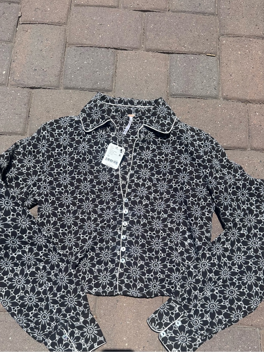 Free People Black and White Floral Button-Up Top